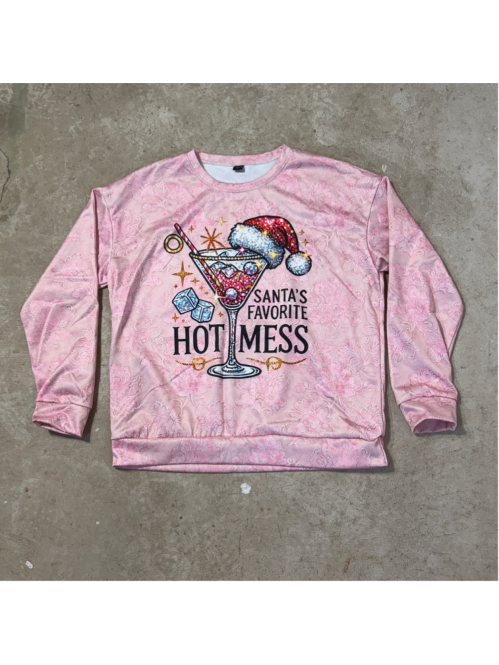 Santa's Favorite Hot Mess Pink Floral Cocktail Christmas Sweatshirt Top XXL
